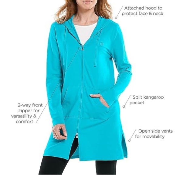 Coolibar Sun Protective Aqua Striped Hooded Zip Up Cover Up Size XS New With Tag - Picture 2 of 13